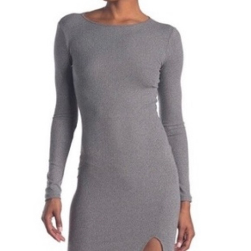 Abound grey ribbed knit long sleeve midi dress with front slit size  L